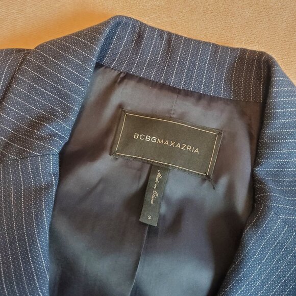 BCBGMaxAzria Y2K Pinstripe Power Business Pant Suit in Muted Navy Blue - Picture 2 of 15
